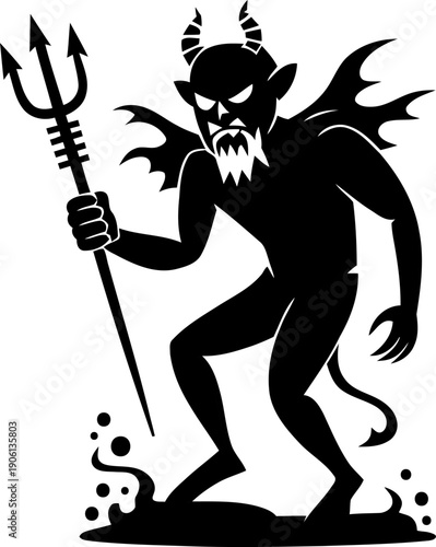Black Devil Silhouette Vector with Trident, Horns, Wings, and Tail, Standing in Water Splash, isolated on white