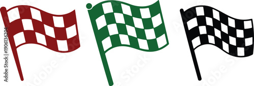 Three waving checkered flags in red green and black and white colors