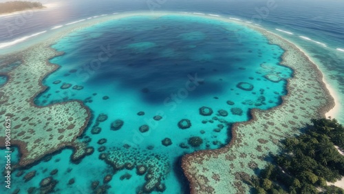 Wallpaper Mural Aerial view of a vibrant coral reef lagoon, showcasing diverse shades of turquoise water and lush greenery on the surrounding land Torontodigital.ca