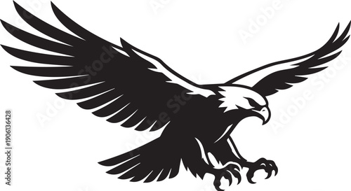 Soaring bald eagle with talons out, fierce and majestic black and white vector illustration
