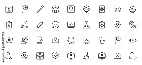 Hospital icon set. Medical vector icons pack. Featuring ambulance, patient, surgeon, stethoscope, wheelchair, monitor, injection and more. Editable stroke line.