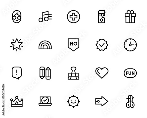 Daily Planner icon set. Vector illustration pack includes facial mask, music, cleaning, gift, heart, laptop, sun, arrow and more. Editable stroke.