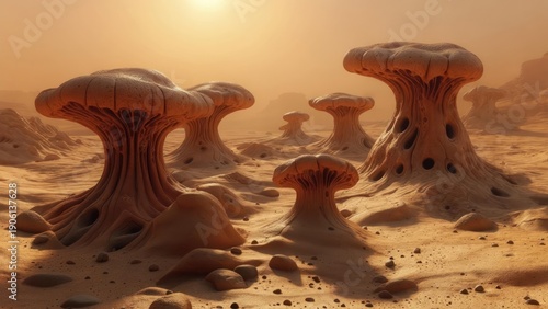 Wallpaper Mural Alien landscape with large, mushroom-like structures under a hazy sun Torontodigital.ca