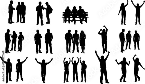 People silhouette collection showing social interaction, group communication, friendship poses and celebration gestures, perfect for community concepts, teamwork design, lifestyle illustrations, 