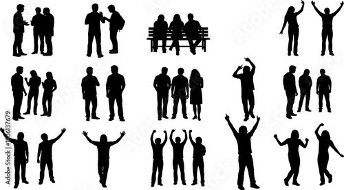 People silhouette set showing standing walking talking celebrating figures isolated on white background, social interaction, teamwork, communication concepts, 