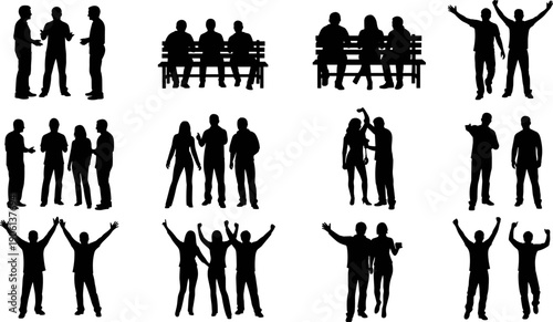 People social interaction silhouette collection showing groups talking, sitting, celebrating and greeting, diverse human activities and relationships concept black vector illustration isolated 