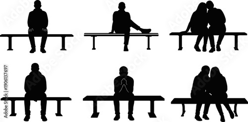 People sitting on park benches silhouettes set, individual and couple poses collection, public waiting, relaxation and lifestyle concept isolated on white background
