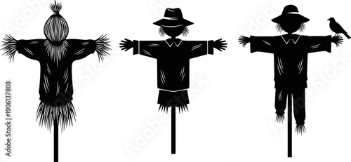 Scarecrow silhouette vector set featuring rustic farm figures with hats and bird detail, agricultural decoration icons isolated on white background for harvest design