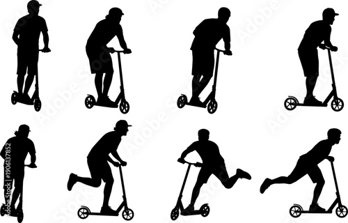 Scooter rider silhouette set showing people riding kick scooters in dynamic poses, black urban mobility and street activity figures isolated on white background for lifestyle design
