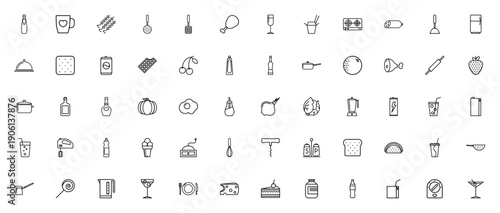 Drinks and Food Icon Set. Vector symbols for fizzy water, chicken leg, whiskey bottle, cooking tools, fruits, and more. Editable stroke collection.