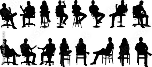 Seated people silhouette collection showing men and women in chairs with conversational poses for interviews, business discussions, presentations, lifestyle scenes, and vector illustration use