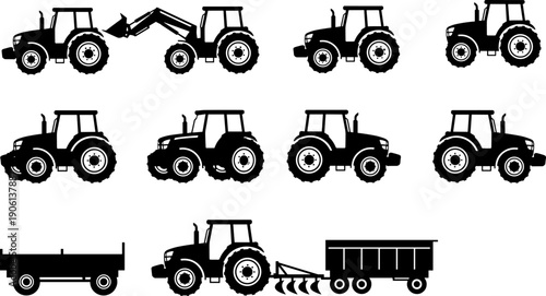 Set of agricultural tractor silhouettes with trailers and equipment, black farm machinery collection isolated on white background for industrial and rural design use
