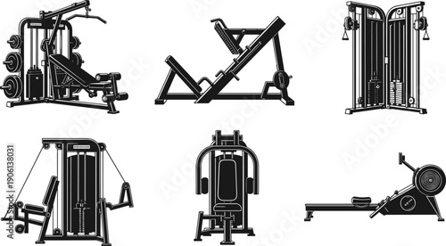 Set of gym equipment silhouettes including leg press, cable machine, chest press, rowing machine, fitness training machines, isolated black vector illustration on white background