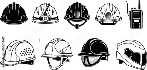 Set of industrial safety equipment silhouettes including hard hats, helmets, and walkie talkie, protective gear illustration collection isolated on white background for construction 