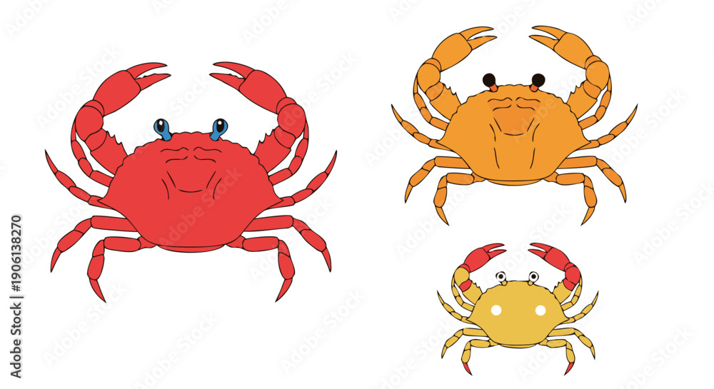 Fototapeta premium Collection of three cute cartoon-style crabs in red orange and yellow isolated on white background