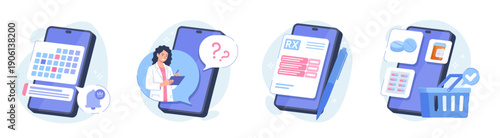 Online pharmacy mobile app illustration showing medical consultation, digital prescriptions, medicine order and delivery via smartphone, flat vector healthcare set isolated on white background