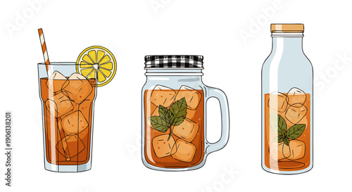 Assortment of refreshing iced tea drinks displayed in different stylish glass containers for summer refreshment