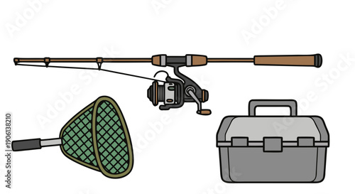 Essential cartoon fishing gear featuring a rod reel net and tackle box collection