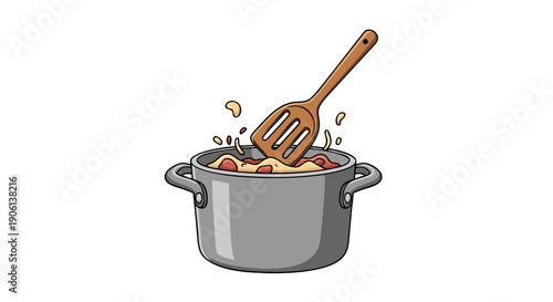 Cartoon illustration depicts stirring pasta sauce with a wooden slotted spatula inside a gray cooking pot