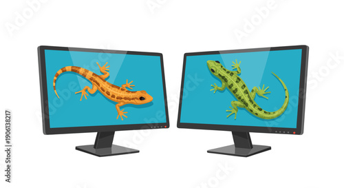 Two computer monitors displaying contrasting colored lizards illustrate digital screen differences and visual perception