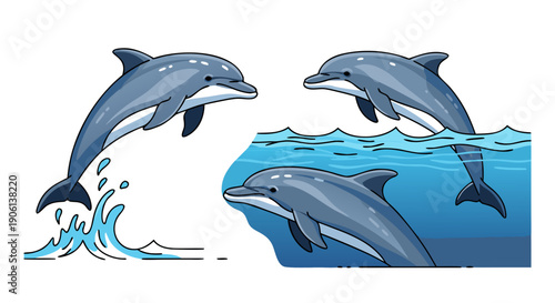 Illustration depicts several playful dolphins swimming and leaping dynamically above and within ocean water waves