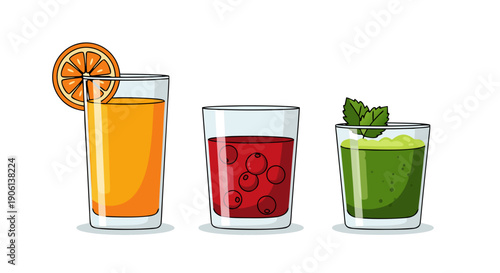 Assortment of three colorful healthy fresh fruit juices in clear glasses displayed together.