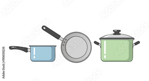 Set of three cartoon kitchen cooking pots and frying pan isolated on a white background