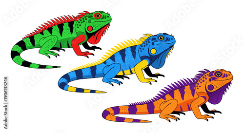 Vibrant collection of three stylized iguanas featuring contrasting bright green blue and orange color variations