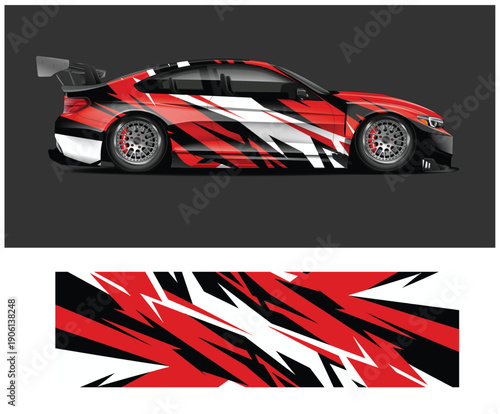 Red and white abstract design on a sports car and closeup