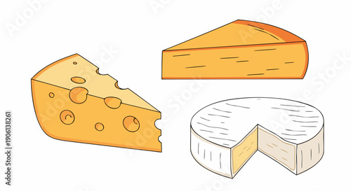Collection of three delicious cheese wedges featuring swiss brie and cheddar types isolated on white background