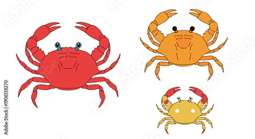 Collection of three cute cartoon-style crabs in red orange and yellow isolated on white background