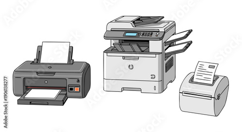 Collection of various office printing and scanning devices including a multifunctional copier and small receipt printer