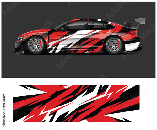 Red and white sports car with racing stripes design