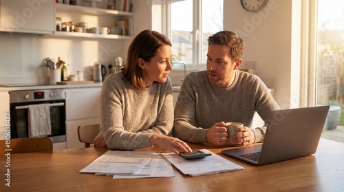 Couple Doing Tax Planning at Kitchen Table With Calculator and Documents