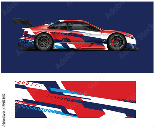 Red white and blue racing car with abstract design elements