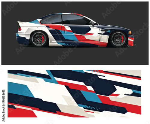 Racing car with red white and blue abstract design