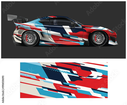 Red white and blue sports car with geometric pattern