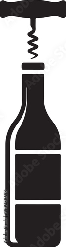 A minimalist black and white icon design of a corkscrew opening a bottle, perfect for beverage and hospitality industries