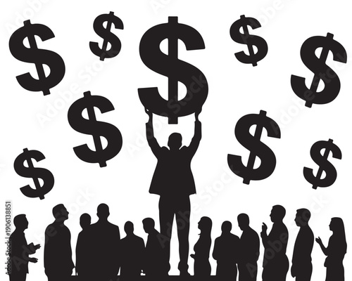 Minimalist black and white graphic depicting a person raising a dollar sign above a crowd, symbolizing financial success, business ambition, and the collective pursuit of wealth