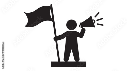 Black and white minimalist icon symbolizing leadership, communication, and advocacy; a figure holding a flag and megaphone for public address and announcement