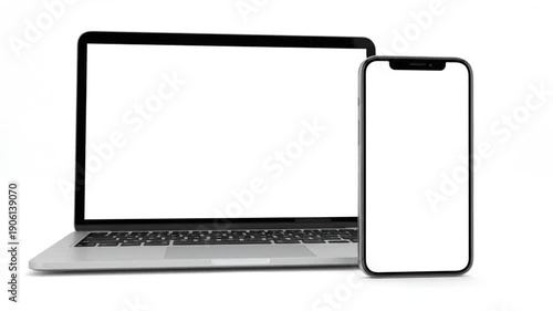 Modern digital laptop with a blank black screen isolated on a white background, featuring a sleek notebook design for business technology and communication equipment