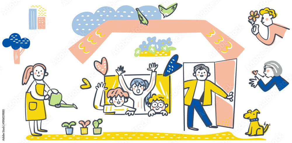 Obraz premium ピンク色の開いたドアから招き入れるスタッフと大きな窓から元気に手を振るピアサポーター、芽吹いた芽を応援する人々や集う小鳥が描かれた地域共生社会の風景、芽吹き いばしょの風景