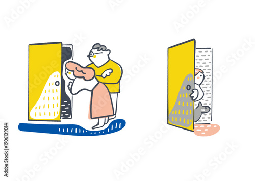 黒とグレーの不定形な影でつかみどころのない不安を描いた家族のイラスト、扉の外で案じる両親と隙間から覗く子供と猫、芽吹き いばしょの風景