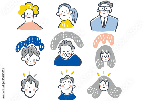 うつむく表情から希望に気づく瞬間を描いた3組の男女とサポーターの表情セット、8050問題や若者支援の心理的変化を表現したベクターイラスト、芽吹き いばしょの風景