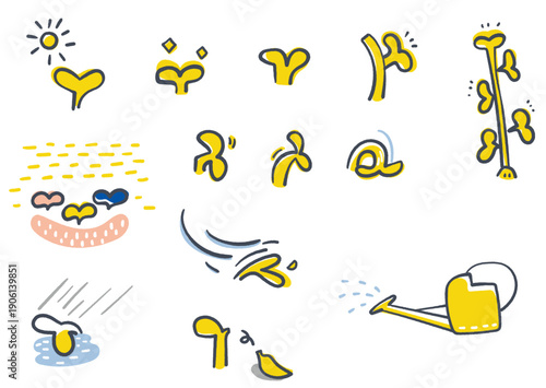太陽を浴びる双葉や雨に打たれる姿など植物の成長と停滞のステップを描いた芽のバリエーションセット、心の回復プロセスや心理的変化の図解、芽吹き いばしょの風景