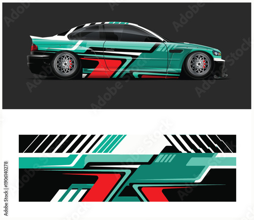 Teal sports car with red and black decals design