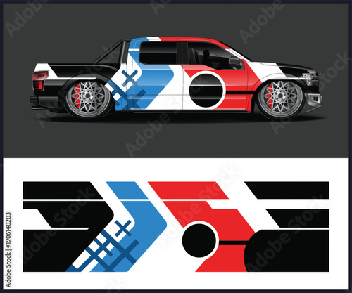 Side view of pickup truck with red white and blue racing design