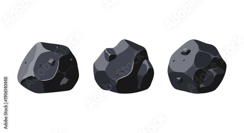 Collection of three dark gray cartoon style asteroids floating isolated against a white background for games.