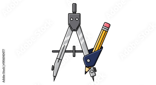Cartoon drafting compass tool featuring a graphite pencil attached for drawing perfect geometric shapes