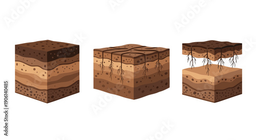 Illustration demonstrating different stages of soil profile structure layers and plant root development over time